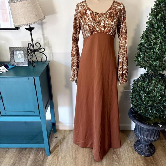 Vintage 60's Maxi Dress Russet Print Retro Mod Hippie S
